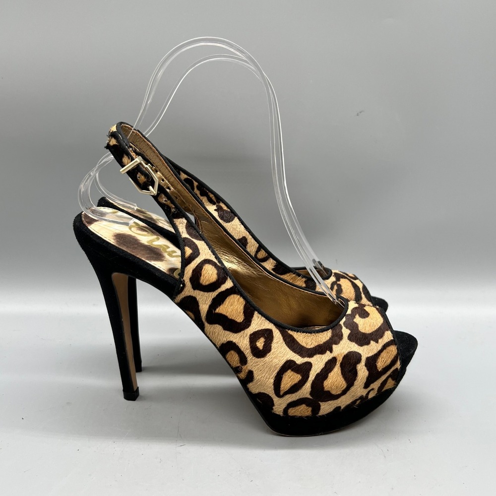 Sam Edelman Shoes Womens 7 Brown Leopard Print Calf Hair Slingback Heel Pumps